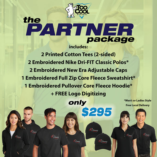 The Partner Package - includes to cotton tees, 2 Dri-Fit polos, 2 New Era caps, 1 full zip sweatshirt and 1 hoodie